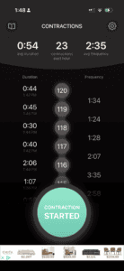 Phone screenshot showing contraction timing log at the start of labor