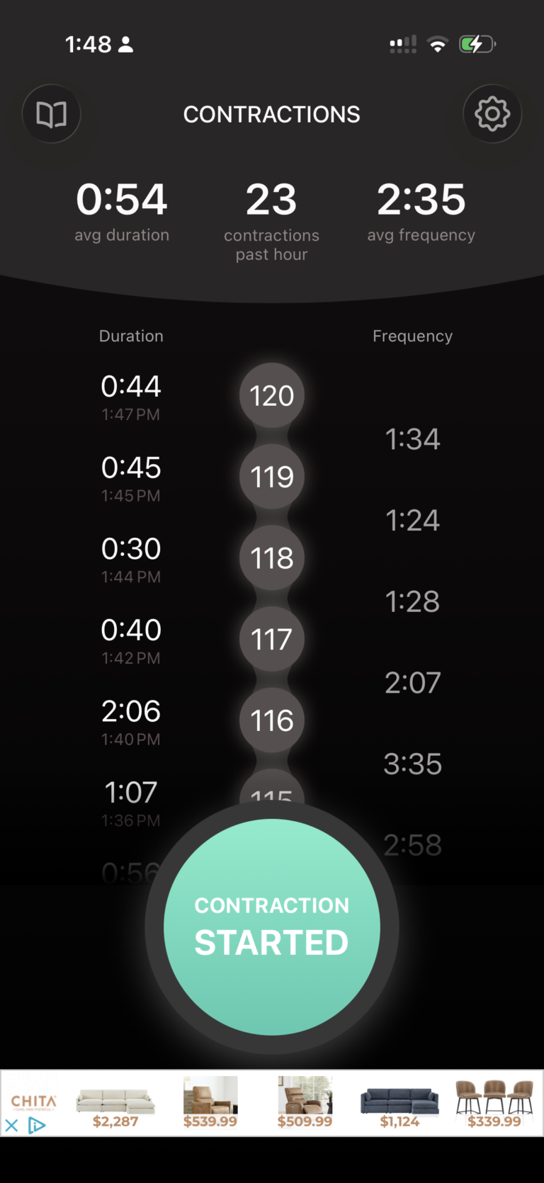 Phone screenshot showing contraction timing log at the start of labor